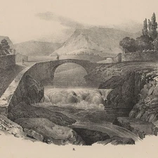 Bridge River Landscape Romantic View Unknown Lithograph Mid 19th Century