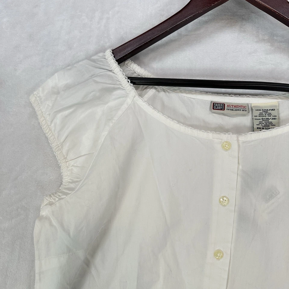 Top Vintage Desteñido Glory Mujer L Blanco Babydoll Botón Ojales Crochet Encaje Ribete Foto 2 de 4