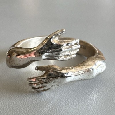 Sterling Silber 925 Vintage umarmende Hände Kuschelring Gr. P verstellbar glänzend