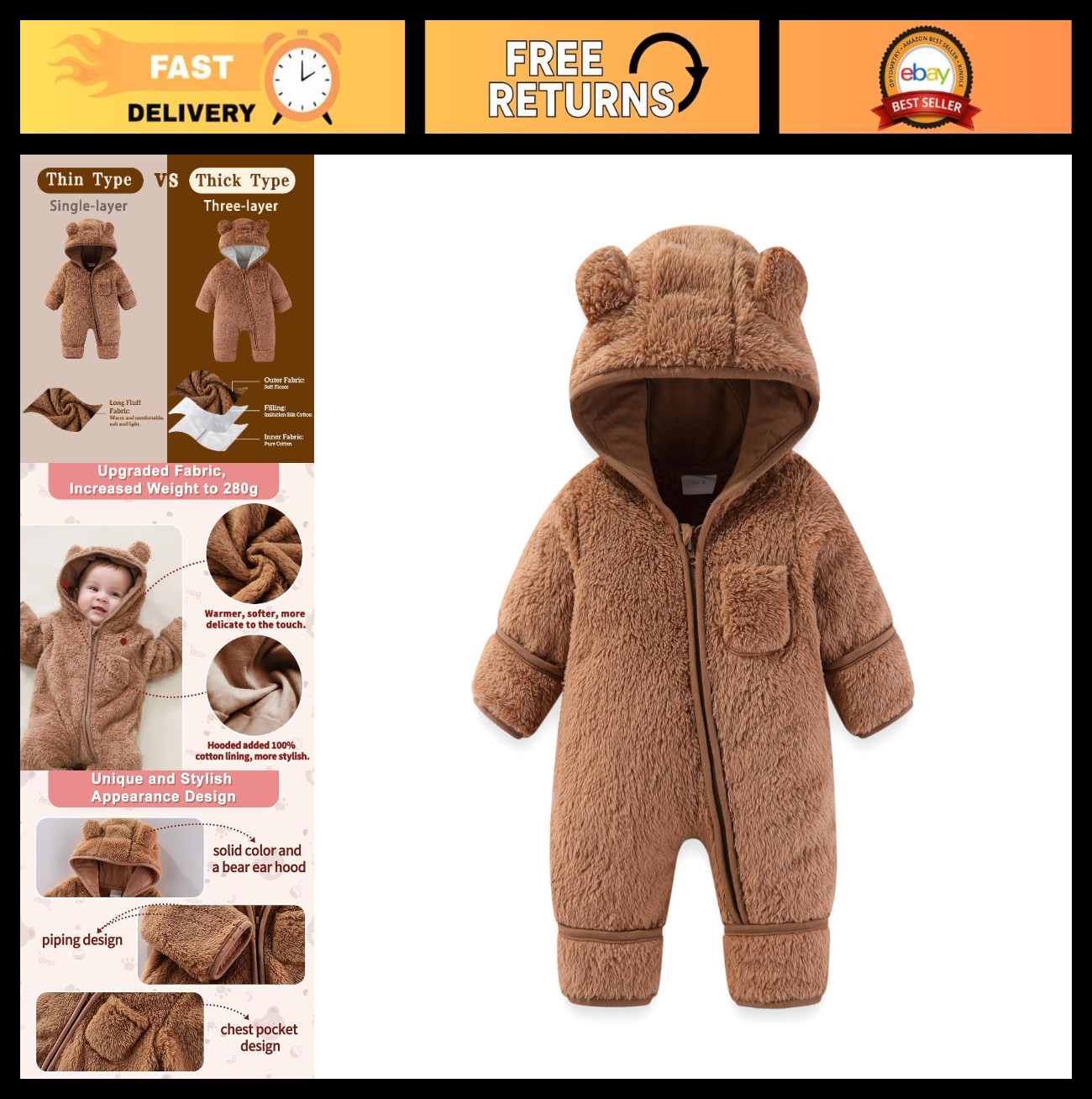 Newborn Baby Bear Fleece Outfit with Mittens & Footies, Hooded Winter Romper