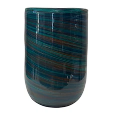 Murano Style Hand Blown Art Glass Vase – Blue Teal White Swirl 9.5" Studio Decor