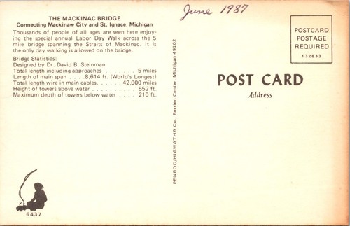 Mackinac Bridge Anual Día del Trabajo Caminata a través del puente Coches Personas Postal - Imagen 2 de 2