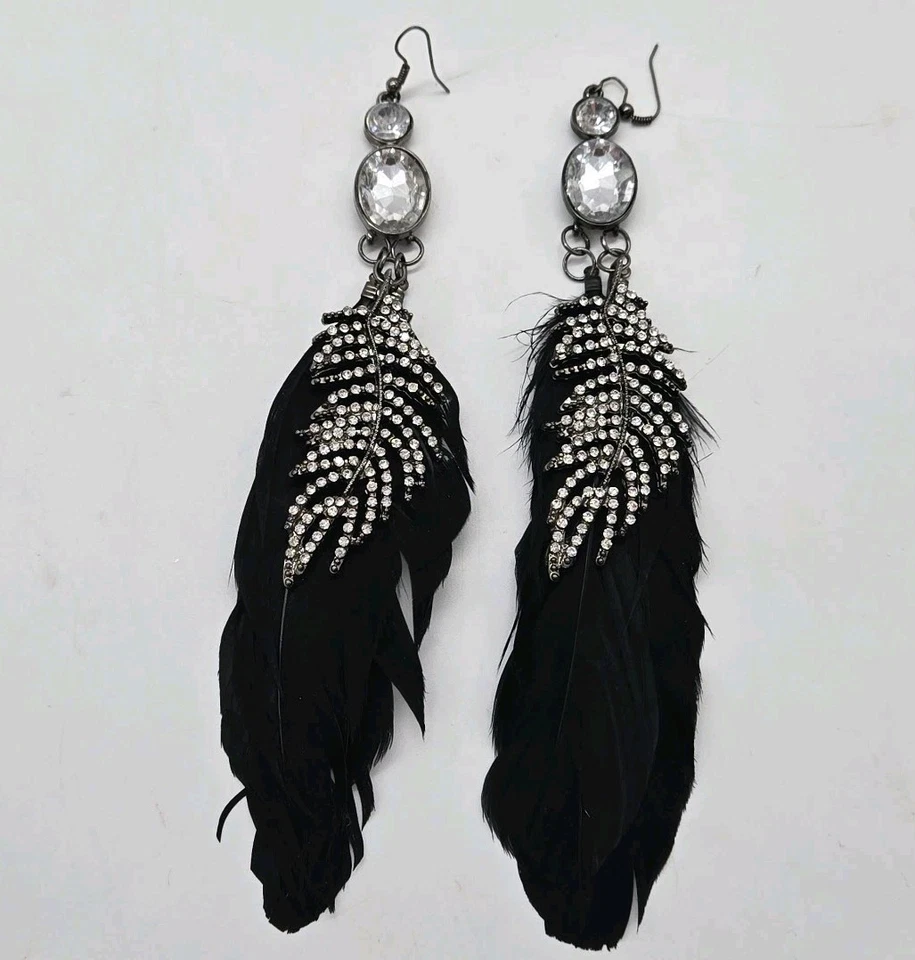 Black Feather Earrings Crystal Accent Silver tone Bohemian extra Long 7 in - Image 4 of 4