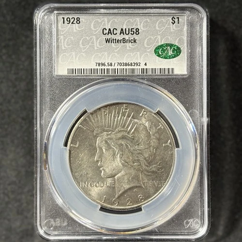 1928 $1 Peace Dollar Philadelphia Key Date Almost Uncirculated CACG AU 58 CAC