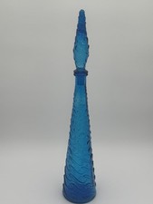 EMPOLI Glass Genie Bottle Decanter Blue Wave with Stopper 22" Vintage MCM Italy