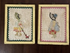 Lot Of 2 Vintage Holly Hobbie Hand Painted Framed Flower Girl Pictures Wood Art