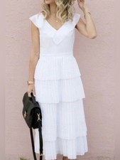 Banana Republic Tiered Pleated Ruffled Laser Cut Eyelet White FlowyMidi Dress 6