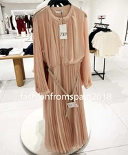 ZARA NEW WOMAN BELTED PLEATED MIDI DRESS CHAMPAGNE XS-XXL 3897/096/713