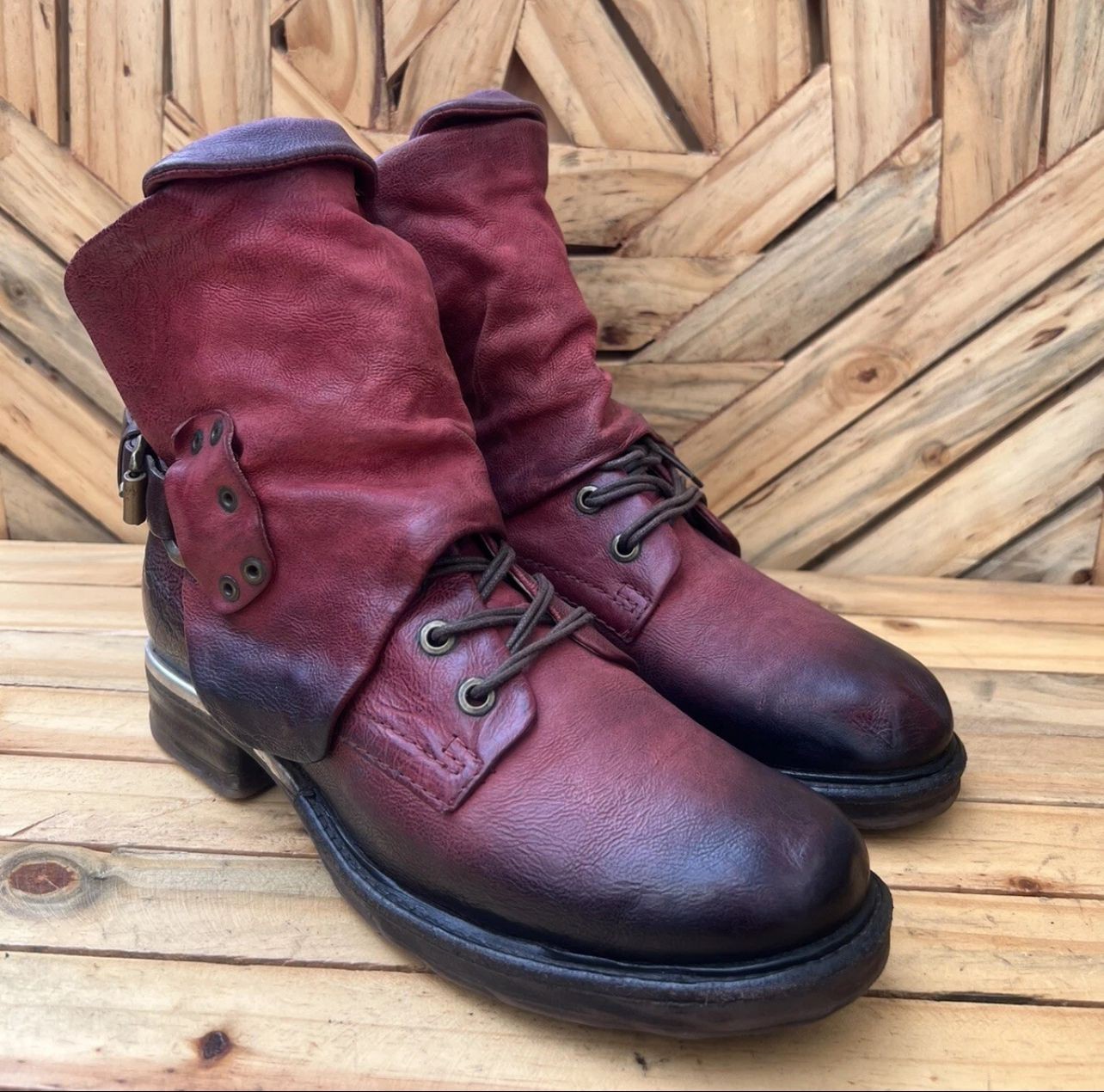 As 98 Airstep Italian Zipper Boho Biker Maroon Distressed Boot EUR 38/US 7.5-8