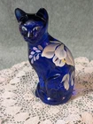 Vintage Fenton Cobalt Blue Cat Hand Painted Morning Glorys Pattern 5"Tall Signed