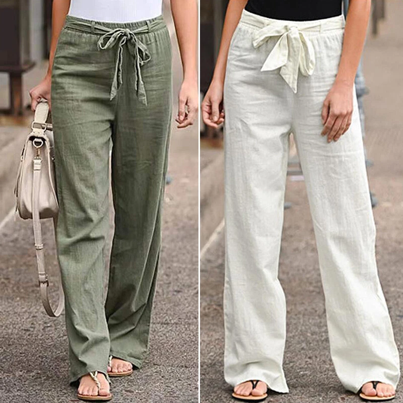 Women Long Pants Linen Cotton Pants Straight Trousers Solid Loose