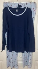 Lands End Lounge Pajama Set Sleepwear Top with Printed Pants 2X (20w-22w) Navy