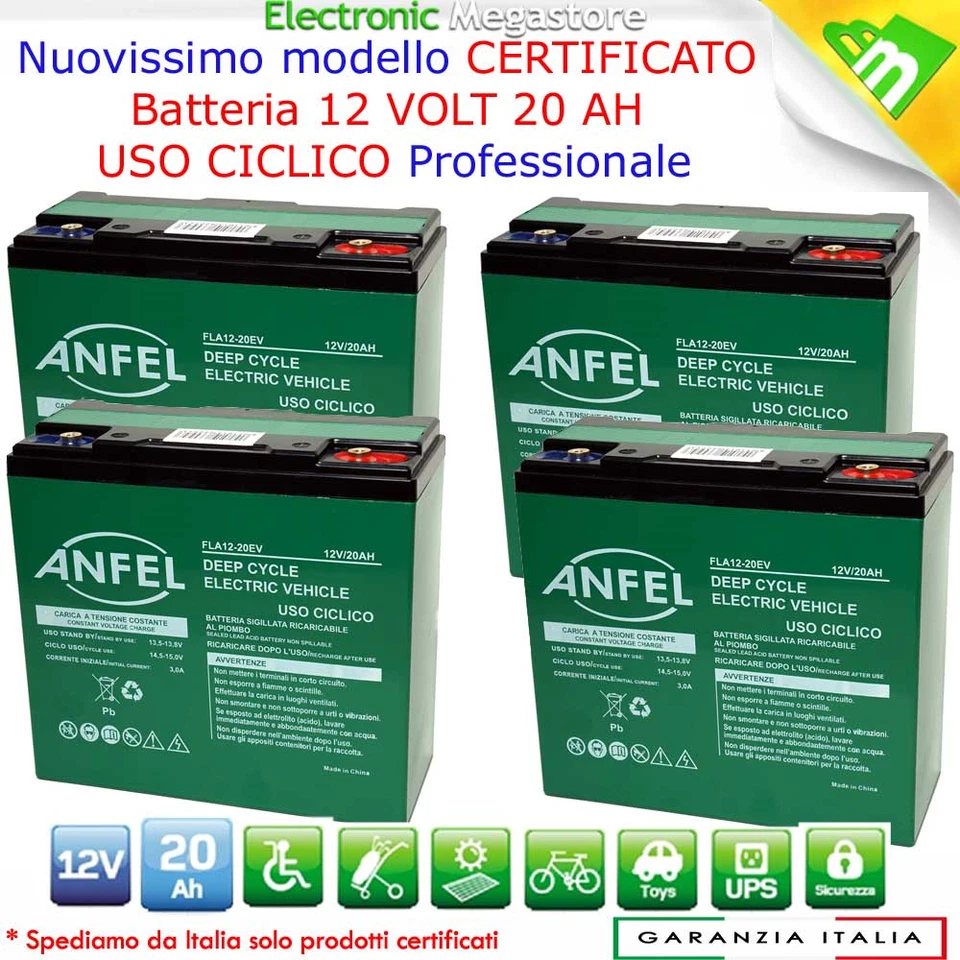 ANFEL 4 BATTERIE PIOMBO 12V 20AH USO CICLICO 6-DZM-20 6-DZM-22 BICI SCOOTER ELETTRICA