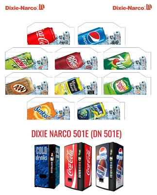 DIXIE NARCO, VENDO, ROYAL VENDORS, USI & FSI (10) Dixie Narco 501e 12 oz "CAN" Vend Labels - Flavor Strips -VARIETY PACK