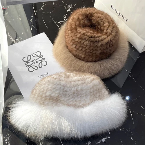 Cappello donna vera pelliccia di visone secchiello berretto caldo lavorato a maglia invernale con orlo pelliccia di volpe - Foto 9 di 31