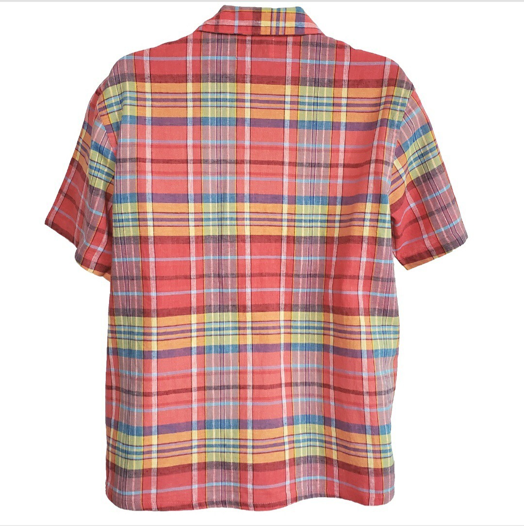 OLD NAVY Camp Shirt MEDIUM Colorful Plaid Short Sleeve Button Up LINEN Blend eBay