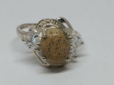Size 7.25 Sterling Silver Oval Light Brown w/ Veins Stone Clear Accents