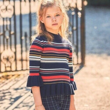 Janie And Jack Multi-Striped Peplum Sweater Girls Size 12 Knit 3/4 Ruffle Sleeve