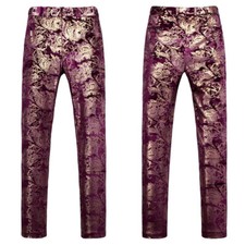 Mens Foil Print Velvet Flock Dress Pants Party Dinner Prom Trousers Casual Retro