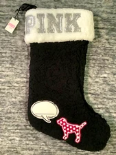 Victoria's Secret Pink Bling Silver Logo Sherpa Stocking Polka Dot Dog Black NWT