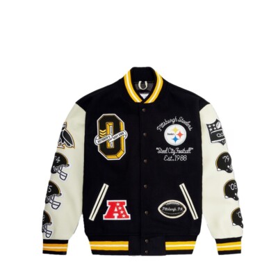 Mens Pittsburgh Steelers Black Leather Sleeve Varsity Jacket Embroidered Patches
