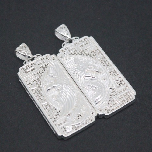 Colgante oblongo de plata fina pura 999 para hombres y mujeres Lucky Dragon Phoenix flor - Imagen 4 de 10
