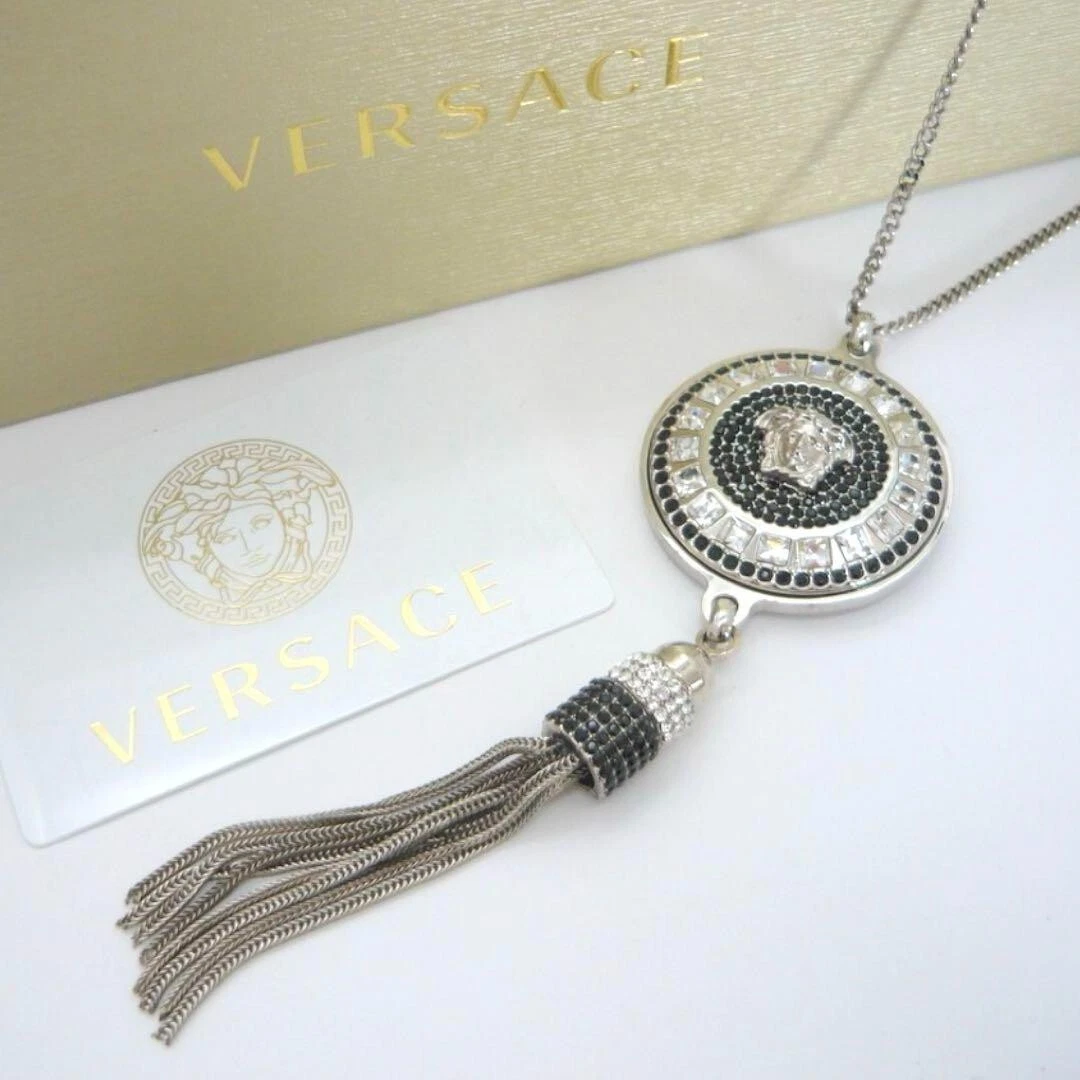 Collana VERSACE Nero Strass Chiari Medusa TestaFringe Ciondolo Metallo Argento
