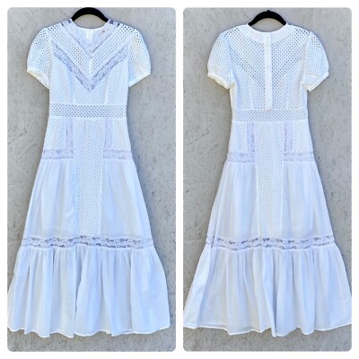 Nightcap Clothing Luella Cottagecore Lace Inset Tiered Maxi Dress XS White  | eBay