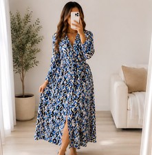 Zara Blue Patterned Maxi Dress Belted Size 8 10 Holiday Cruise