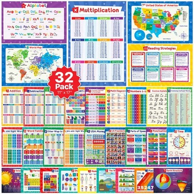 32 Set 59 Educational Posters for Kids 17x11 - Multiplication Chart & More