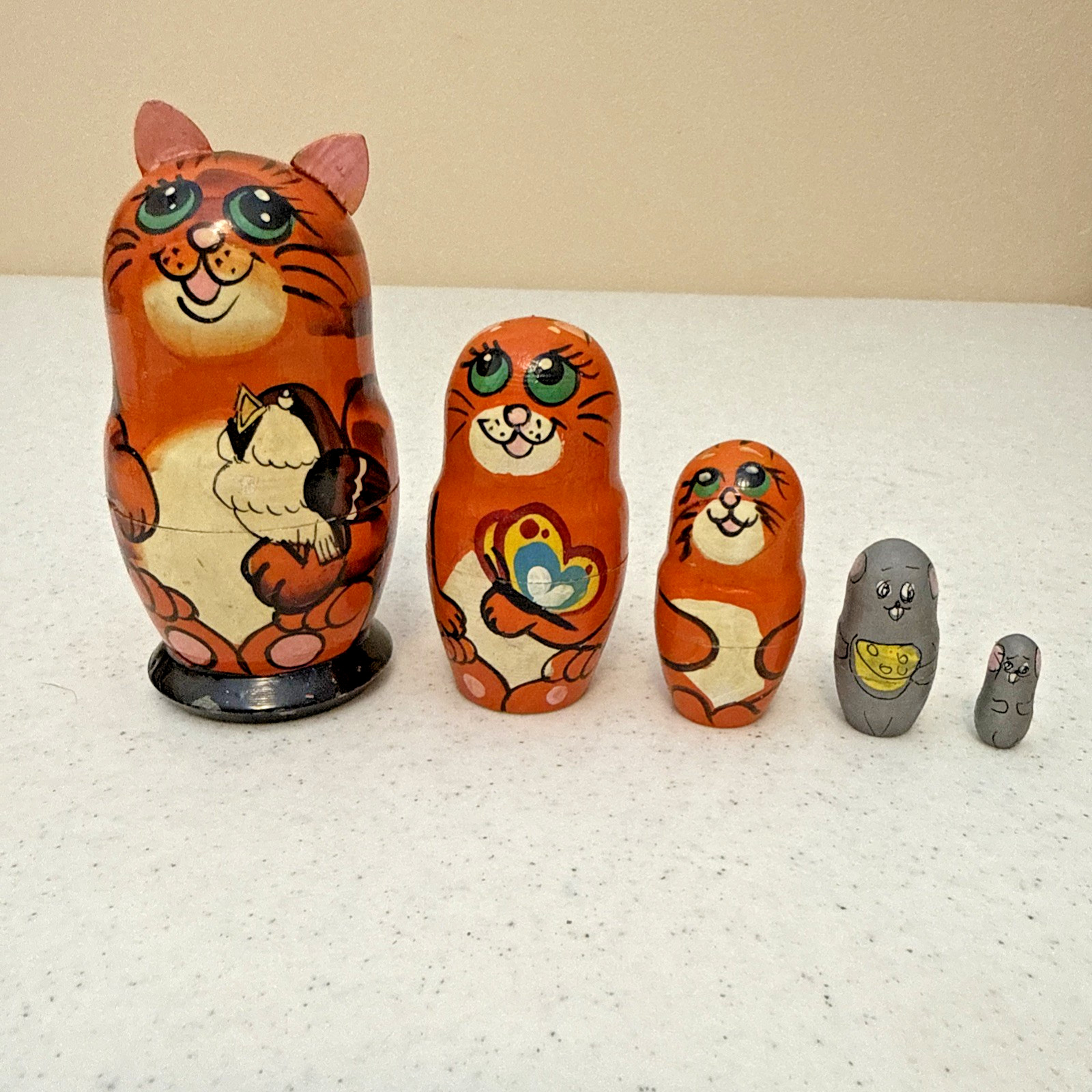 Orange Cat Hand Painted Russian Nesting Wooden Doll Set With