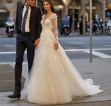 Luxury A Line V Neck Wedding Dresses For Women Boho Long Sleeves Bridal Gowns