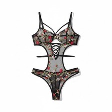 Embroidered mesh lace up teddy
