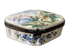 Antique French Veuve Perrin Hand-Painted Enamel Porcelain Trinket Box