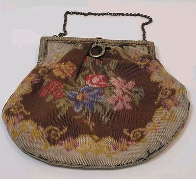 1920s Art Deco Flapper Floral Fabric Tapestry Evening Bag Ornate Brass READ