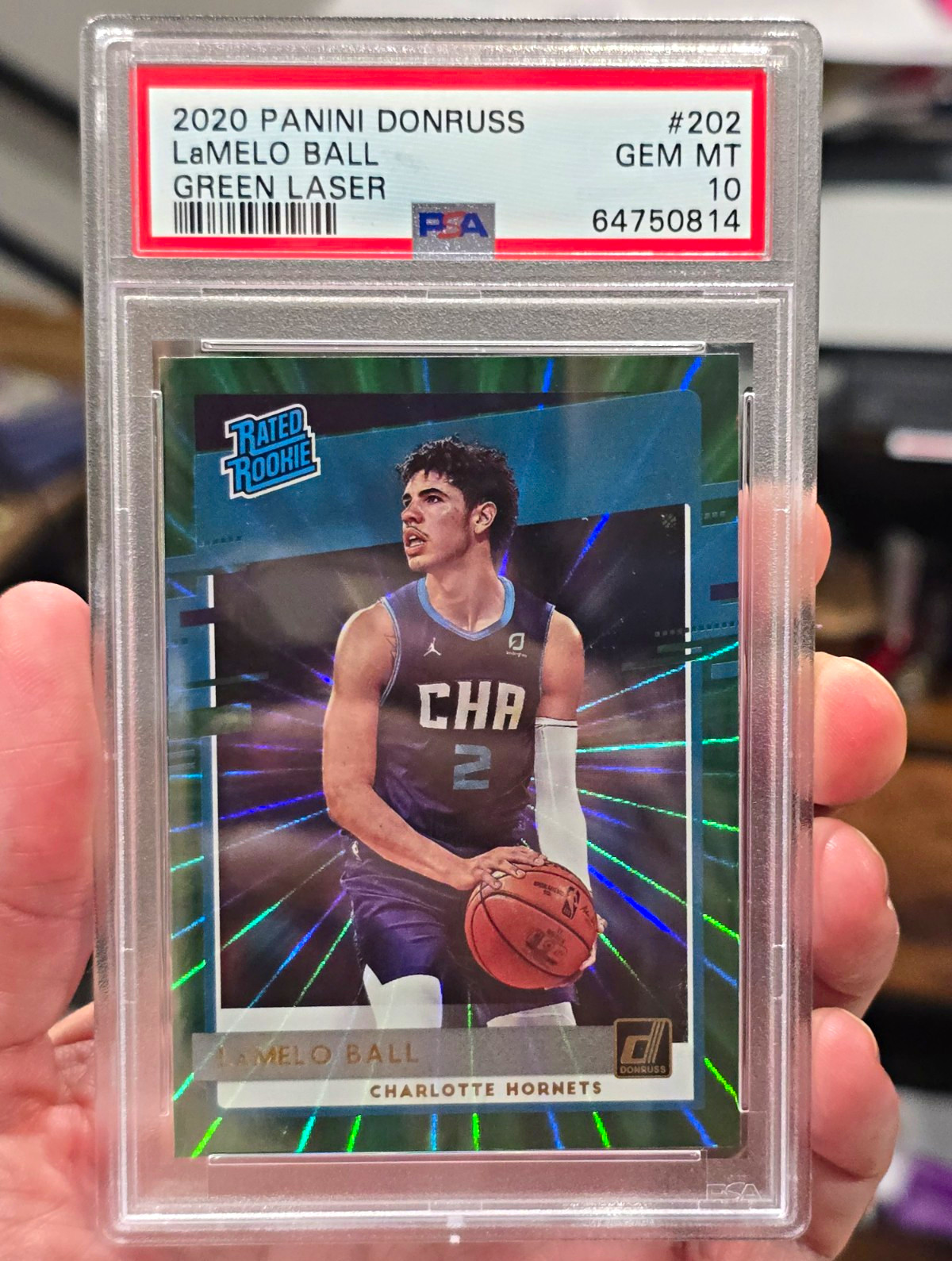 2020-21 Panini Donruss Rated Rookies LaMelo Ball #202 Green Laser PSA 10 RC