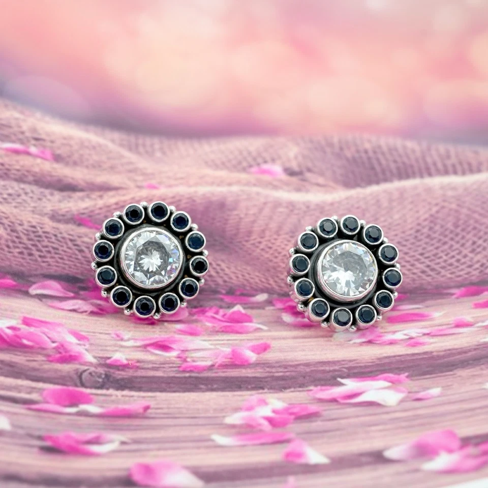 Sapphire & Cubic Zirconia Round Flower Stud Earring 925 Sterling Silver Jewelry - Image 3 of 4