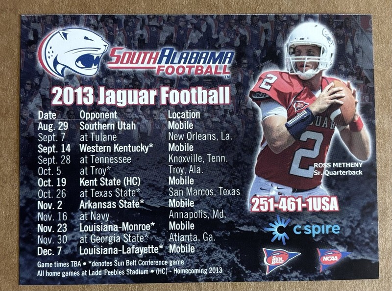 2013 University Of South Alabama Jaguars Football Pocket Schedule-Ross Metheny