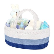 Baby Diaper Caddy Organizer, Cotton Rope Diaper Caddy Large White and Blue