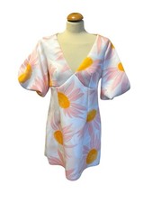 BNWT ASOS Floral Sunflower Spring Plunge Neck Puff Sleeve Fitted Dress Wedding G