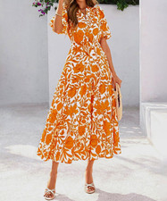 FASHION Women’s L Orange/White Floral V-Neck Puff Sleeve Midi Dress Pockets