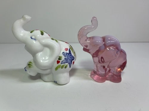 Fenton Glass Elephant Figurines - Hand Painted By Angela Van Zile