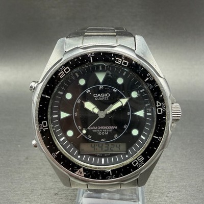 Casio Arine Watch Men 45mm Black Dial Steel Alarm Chrono READ!!! AMW-320R NewBat
