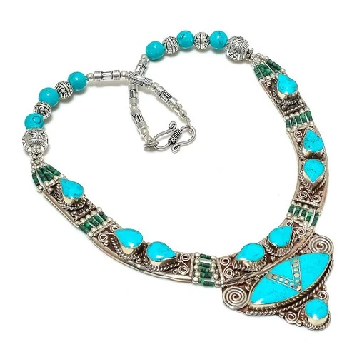 Turquoise Gemstone Necklace Statement Handmade Tibetan Nepali Jewelry 18" N175