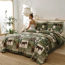 Lodge Bedding Set King Size Rustic Cabin Quilts Moose Bear Plaid Patchwork Bedsp