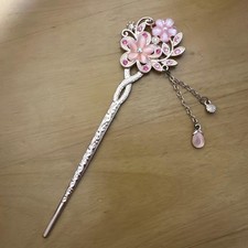 Cherry Blossom Hairpin Pink Stone Silver with Dangle Charm