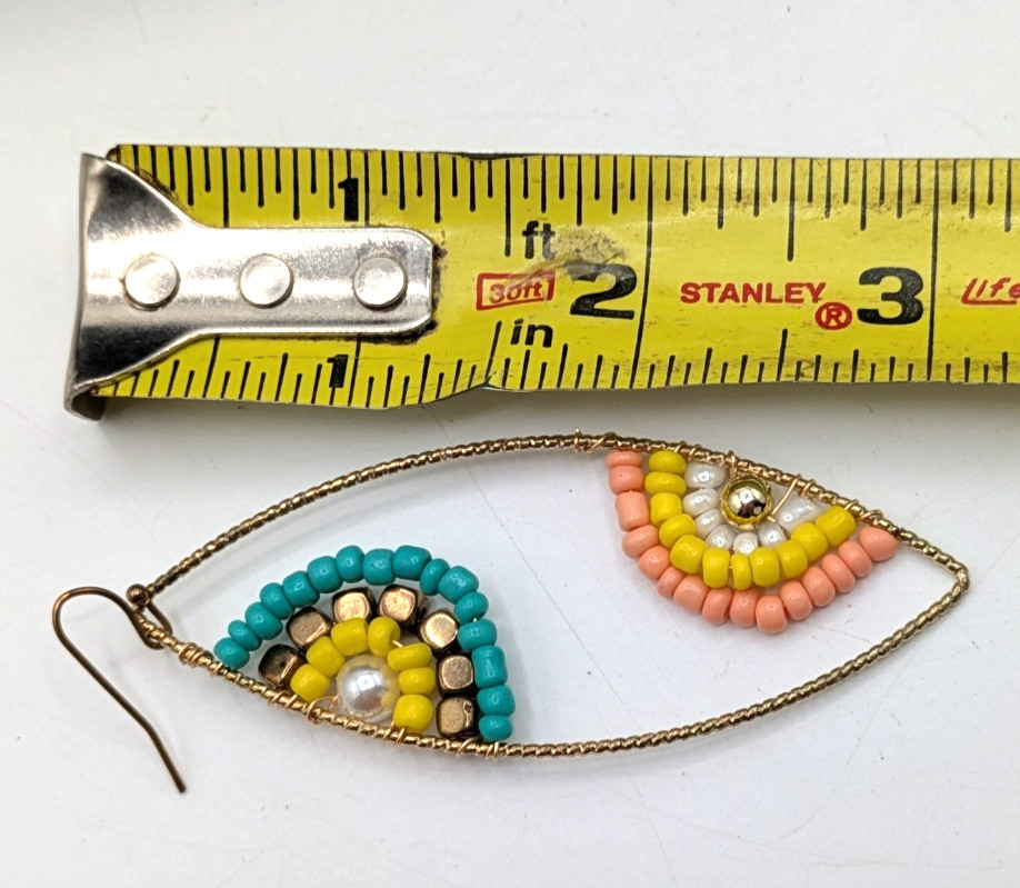 Beaded Statement Dangle Ellipse Earrings Gold Blu… - image 6