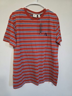 Mens Size Large Quick Silver Orange And Blue Striped Short Sleeve Shirt NWT
