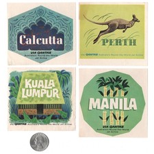 Original Vintage 60s QANTAS AIRLINE LUGGAGE LABEL LOT Suitcase Decal Travel Art