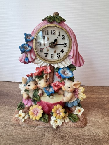 Vintage Fee Schwein Uhr Blumen Tisch Tischuhr Märchen RAR funktioniert Schweine